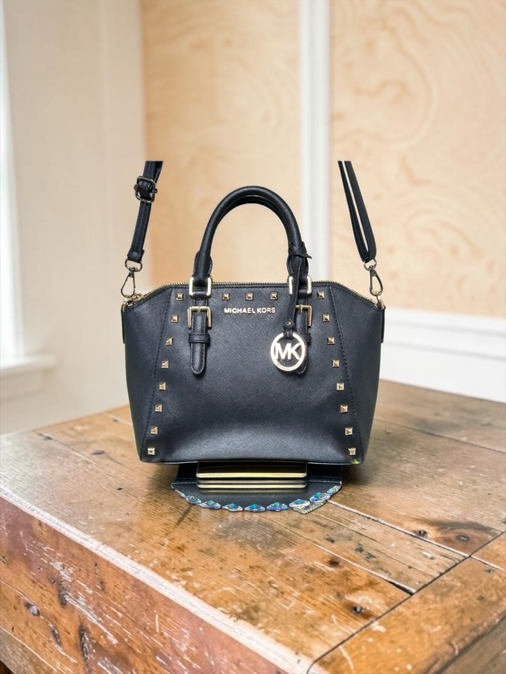 Michael Kors NWOT Black Leather Studded Satchel with MK Charm